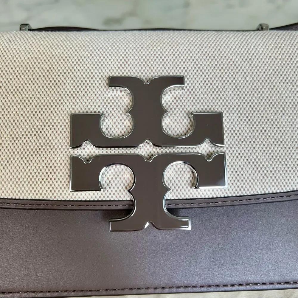 NWOT Tory Burch Eleanor Small Canvas Convertible Shoulder Bag Clam Shell Taupe